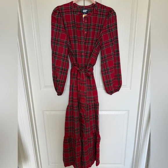 Lands’ End Red Plaid Button-Front Maxi Dress with Tie Waist & Pockets - Picture 1 of 4